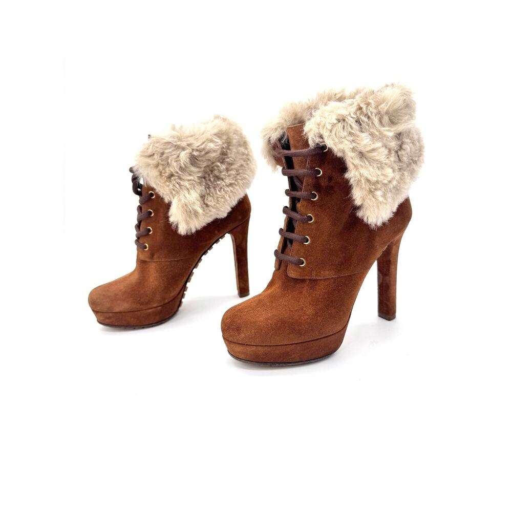 Gucci Brown Suede Shearling Lace Up Platform Ankle Boots EU 35.5
